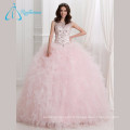 Sequined Beading Crystal Ruffles Pink Quinceanera Robes Ball Gown